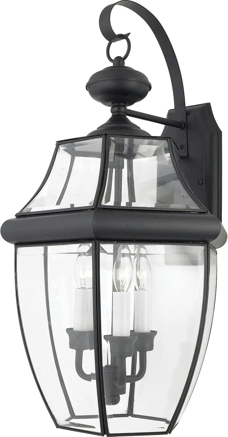 Quoizel Newbury Outdoor Wall Lantern, 23 Inch 3-Light Mystic Black Sconce, French Country Exterior Lantern Fixture, E12 Base, Clear Glass, Outside Lights for Patio, Porch, Garage or Yard