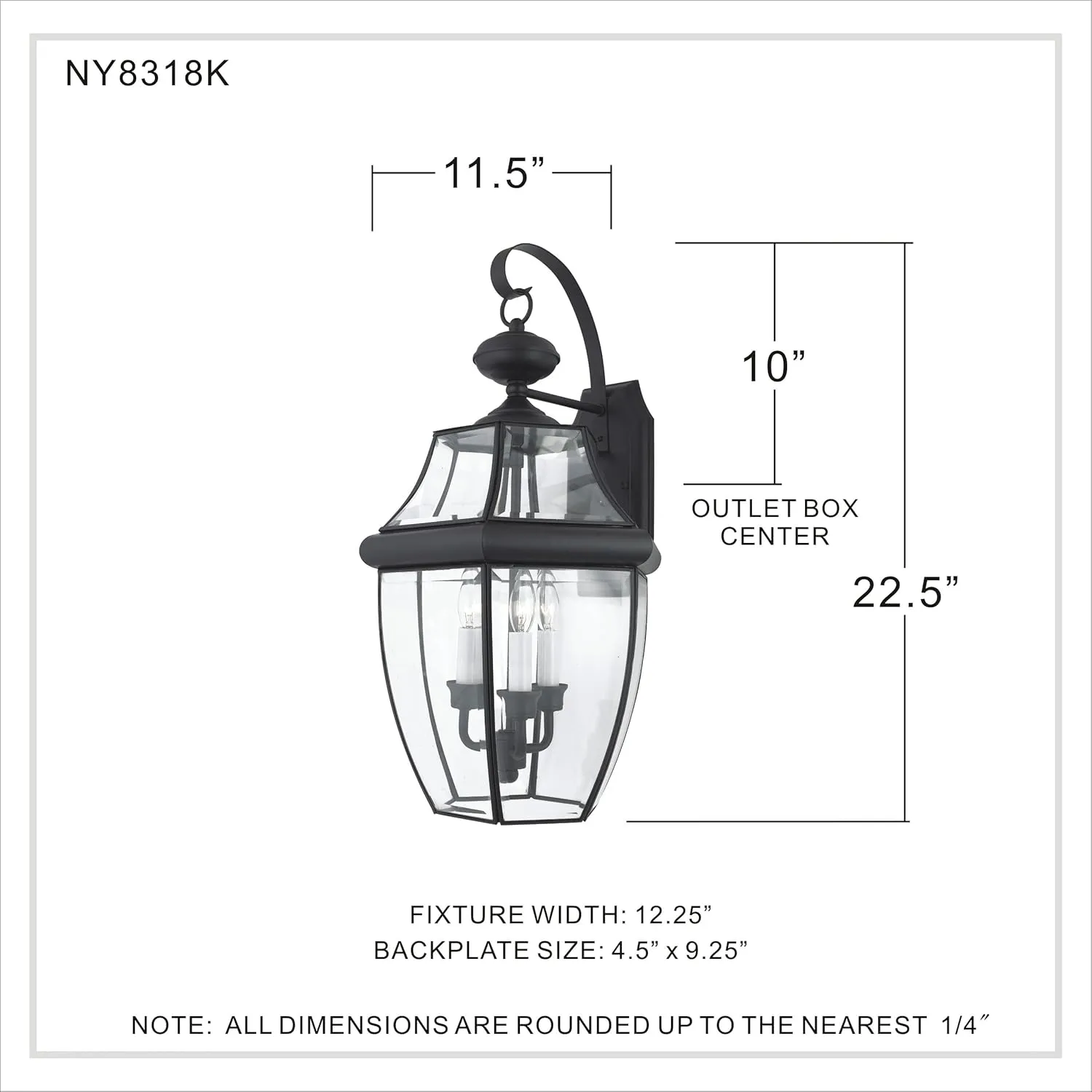Quoizel Newbury Outdoor Wall Lantern, 23 Inch 3-Light Mystic Black Sconce, French Country Exterior Lantern Fixture, E12 Base, Clear Glass, Outside Lights for Patio, Porch, Garage or Yard