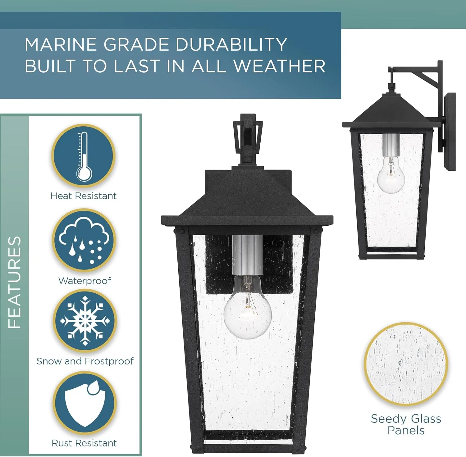 Quoizel Stoneleigh Outdoor Wall Lantern, Coastal Armour 16.5 Inch 1-Light Mottled Black Wall Sconce, Seeded Glass Exterior Wall Lantern Fixture, Outside Lights for Patio, Porch, Garage or Yard