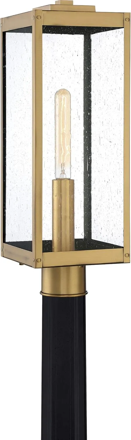 Quoizel Westover Outdoor Post Lantern, 21.25 Inch 1-Light Antique Brass Modern Lamp Post, Clear Seeded Glass, Outside Pole Light for Patio, Porch, Fences, Garden, Pool or Driveway