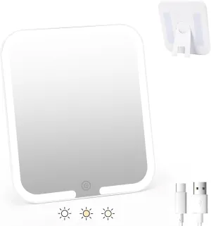 Rechargeable Travel Makeup Mirror, Portable Lighted Beauty Mirror, 3 Color Lighting with 360 Degree Rotation Holder, Dimmable Touch Screen, Tabletop Folding Cosmetic Vanity Mirror