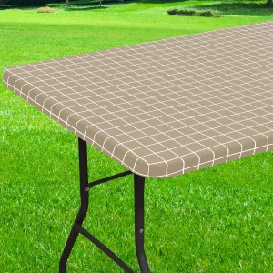 Rectangle Vinyl Table Cloth 30x72, Waterproof Elastic Fitted Tablecloth with Flannel Backing, Plastic Table Cover for Picnic, Camping, Outdoor, Khaki