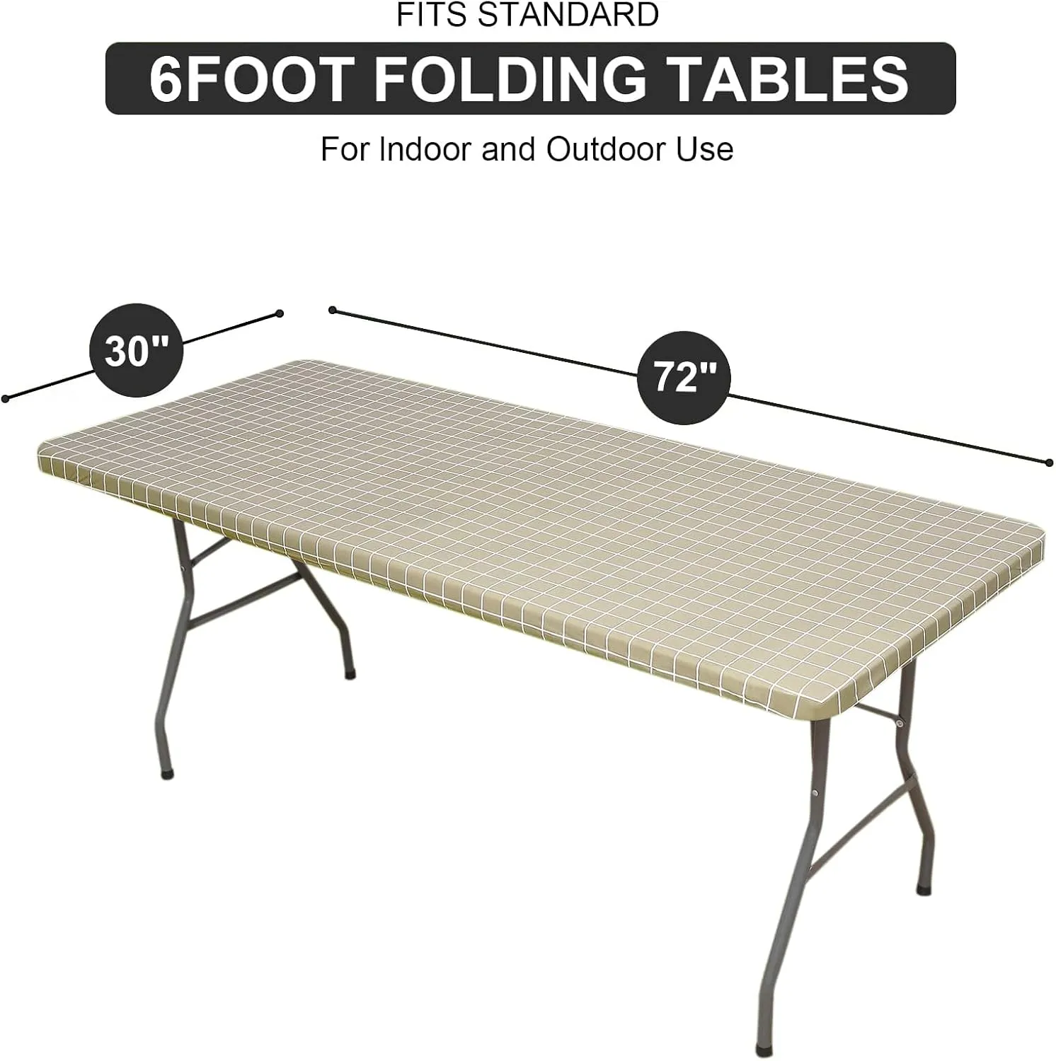 Rectangle Vinyl Table Cloth 30x72, Waterproof Elastic Fitted Tablecloth with Flannel Backing, Plastic Table Cover for Picnic, Camping, Outdoor, Khaki