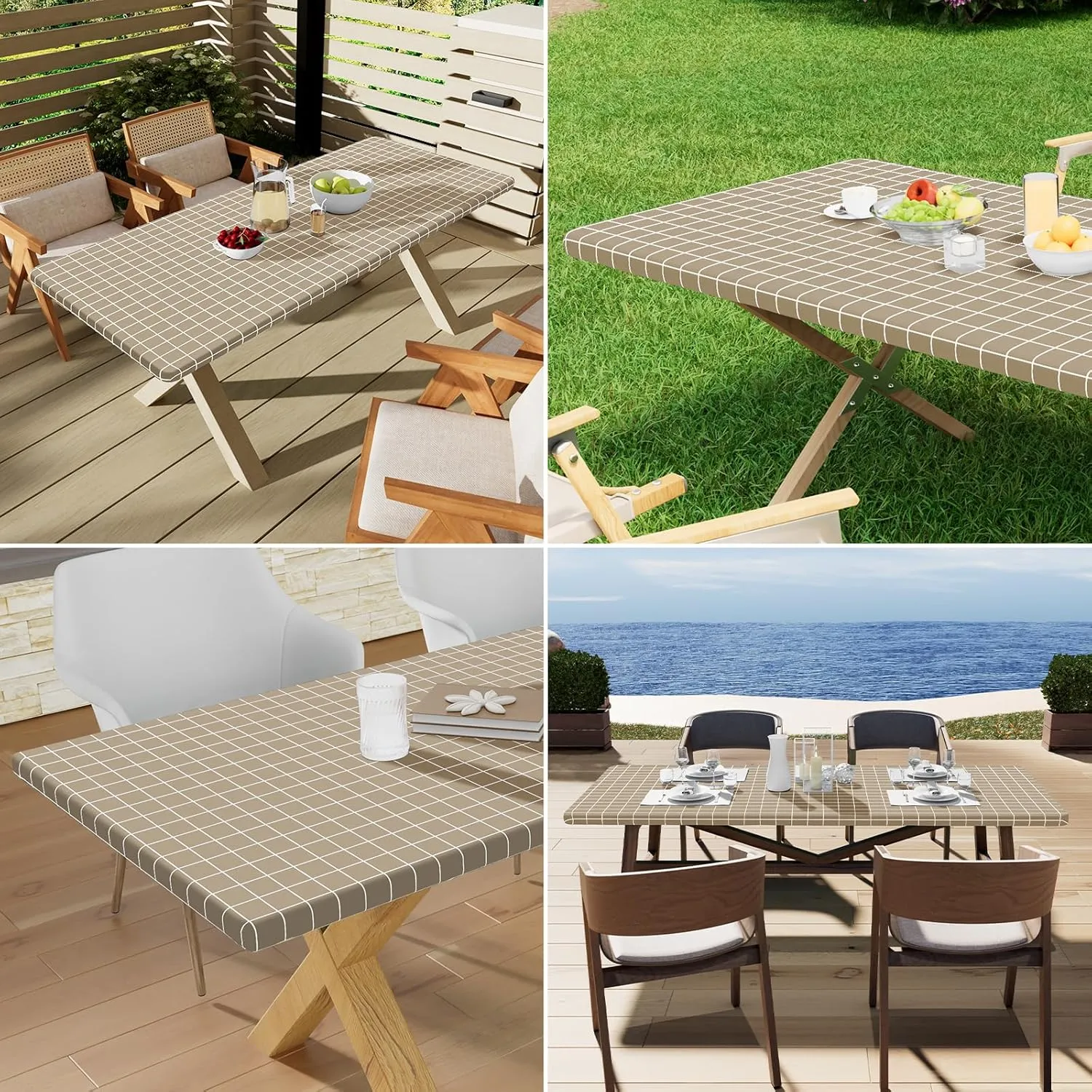 Rectangle Vinyl Table Cloth 30x72, Waterproof Elastic Fitted Tablecloth with Flannel Backing, Plastic Table Cover for Picnic, Camping, Outdoor, Khaki