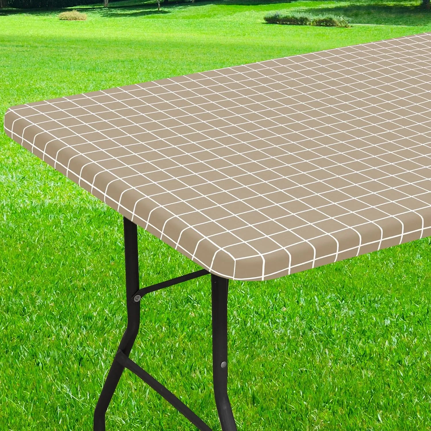 Rectangle Vinyl Table Cloth 30x72, Waterproof Elastic Fitted Tablecloth with Flannel Backing, Plastic Table Cover for Picnic, Camping, Outdoor, Khaki