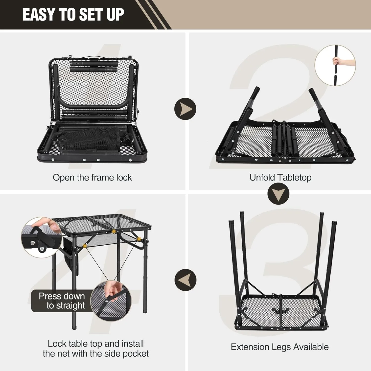 REDCAMP Small Folding Grill Table for Outside, 3 Heights Adjustable Lightweight Portable Metal Aluminum Outdoor Grill Table for Camping Picnic Cooking BBQ, Black 24x16 inches