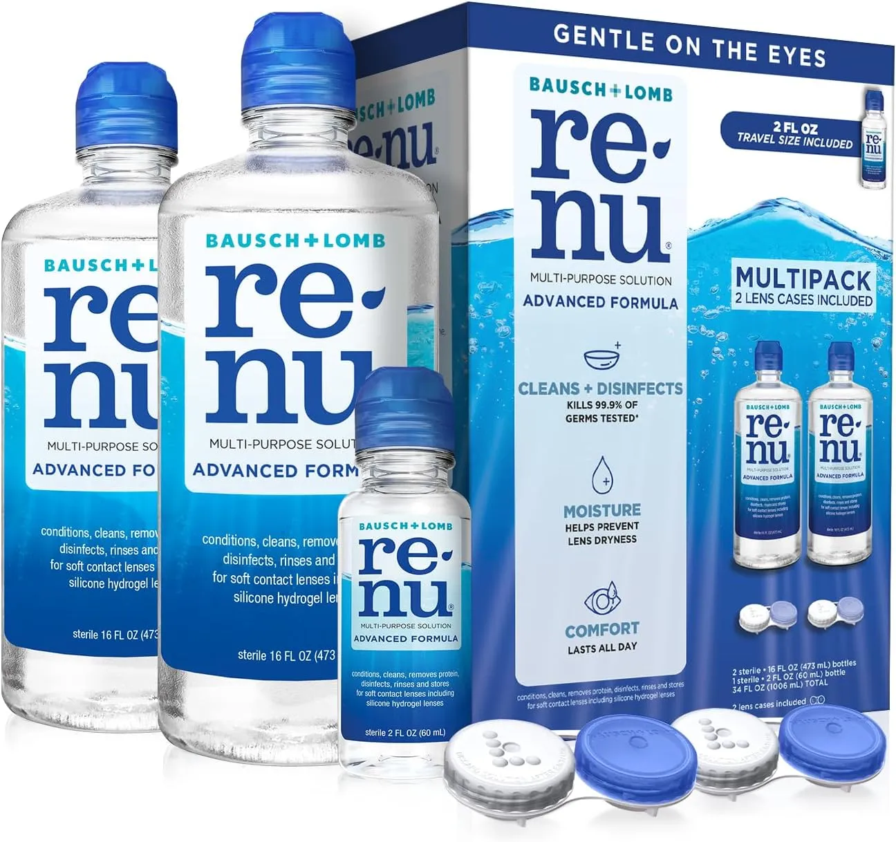 Renu Contact Lens Solution Multipurpose Disinfectant, Advanced Formula Lens Cleaner, Cleans & Moisturizes Soft & Silicon Hydrogel Lenses, Multi-Pack 16 Fl Oz (Pack of 2)   2 Fl Oz Travel Size