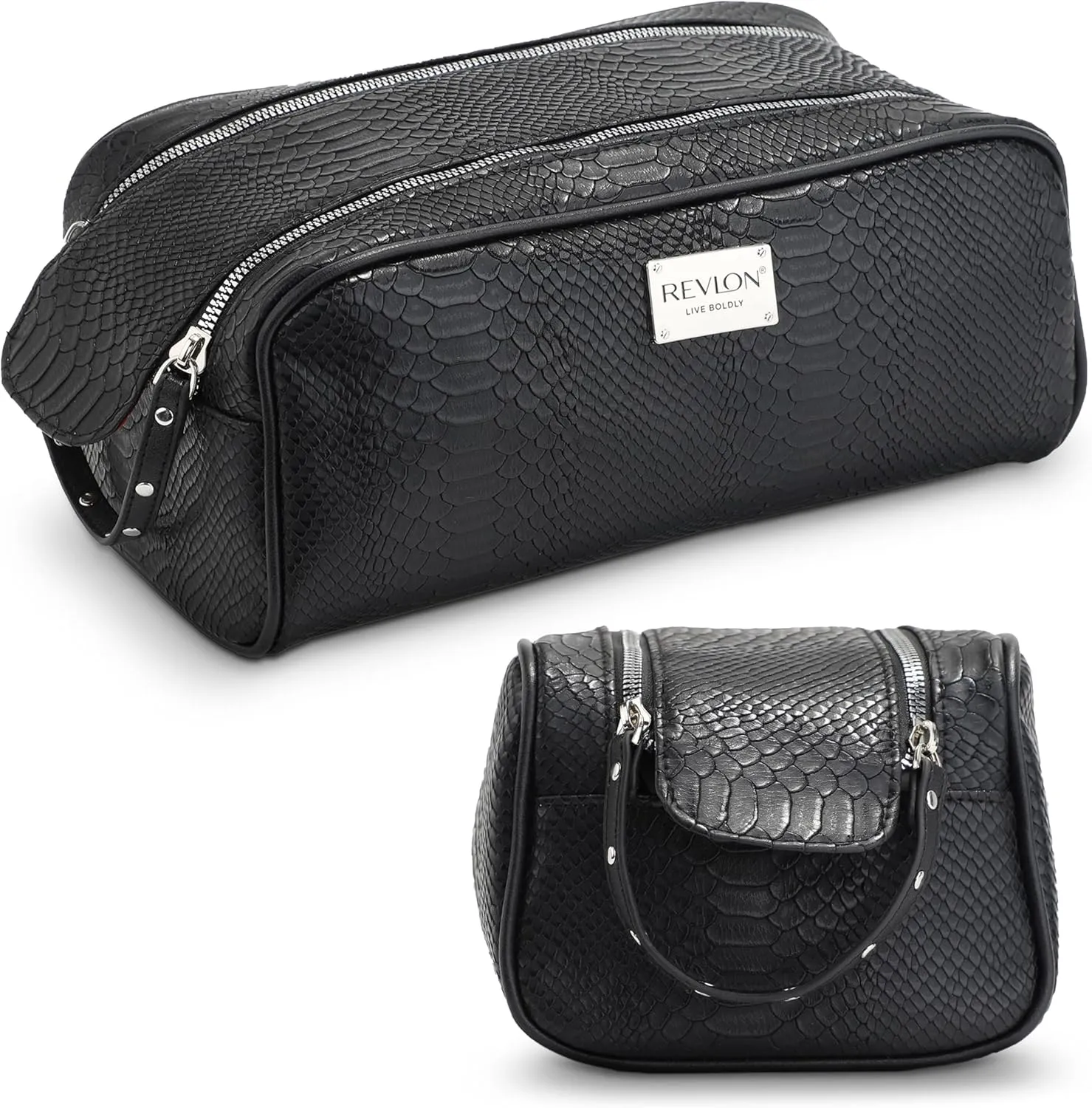 REVLON Croc Embossed Makeup Bag - Small Makeup Pouch, Travel Makeup Organizer with Two Zippers, Cosmetic Bag, Mini Makeup Case with Pockets - Gifts for Women, Ladies, or Teen Girls, Onyx