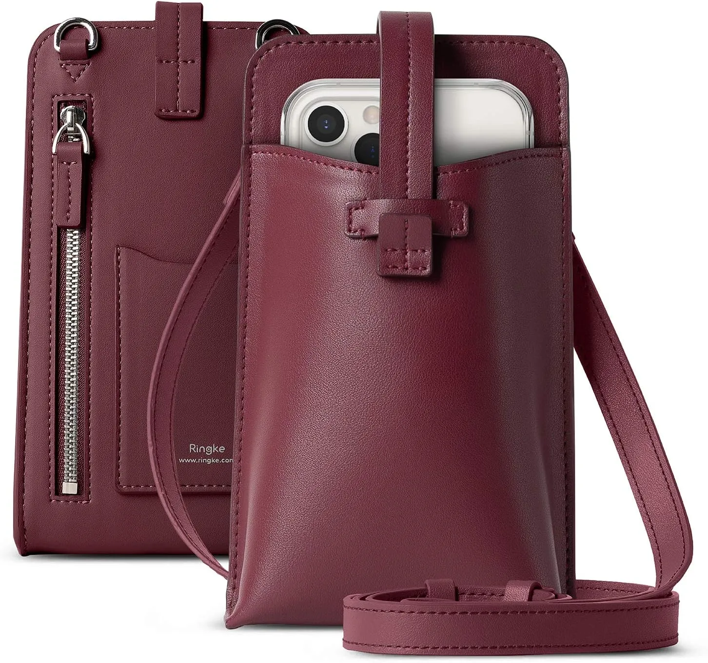 Ringke Mini Cross Bag PU Leather Purse for Smartphone Crossbody Wallet Case Card Holder Removable Zipper Adjustable Strap
