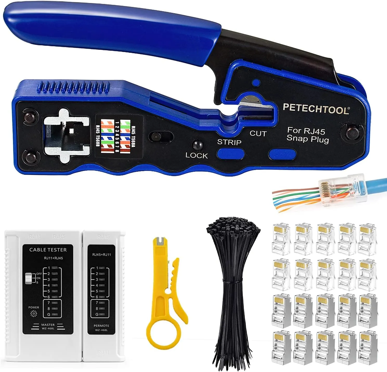 RJ45 Crimp Tool All-in-one Ethernet Crimping Tool Stripper Cutter for Pass Through Cat5 Cat6 Connectors with Cable Tester and Cat6 UTP and Shield Connectors and Black Cable Tie