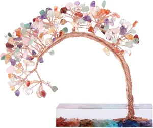 rockcloud Citrine& Rose Quartz& Rock Crystal Stone Money Tree with Chakra Resin Base, Handmade Feng Shui Bonsai Tree Home Office Desktop Decor for Good Luck and Wealth, Colorful