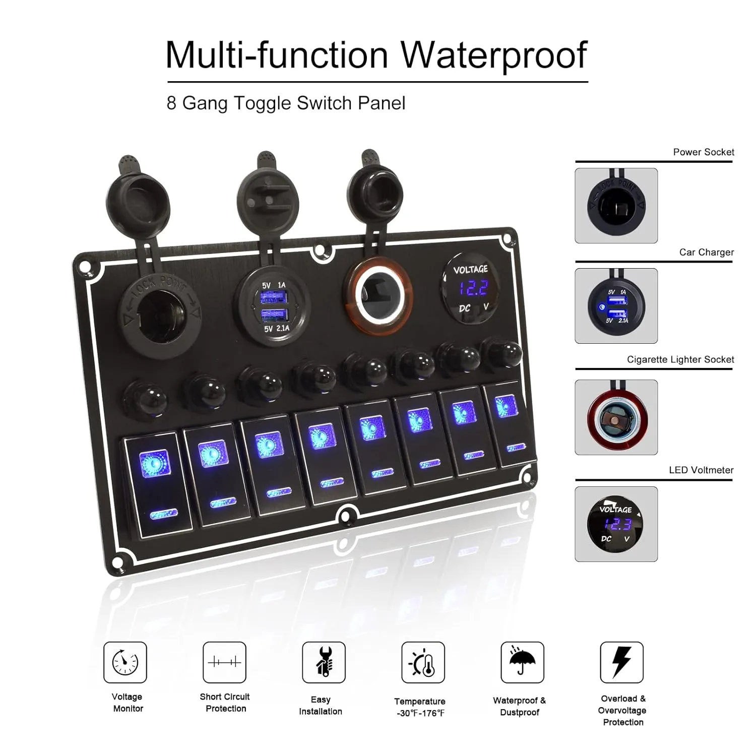 Rocker Switch Panel – 8 Gang Aluminum Toggle Panel, 12V/24V with Voltmeter 4.2A Dual USB Charger Port Power Outlet, 5 Pin On-Off for Automotive Truck Jeep RV UTV (Black)