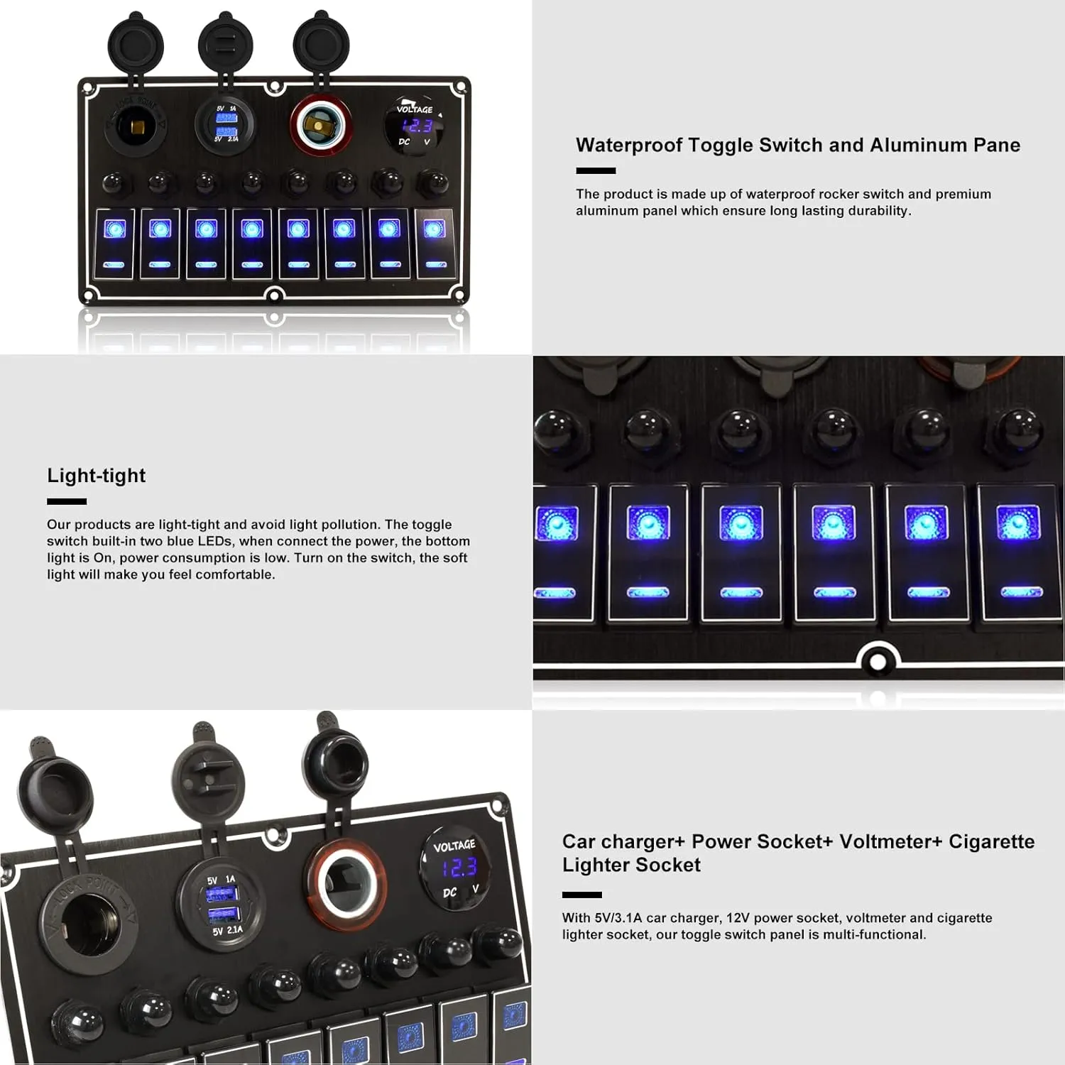 Rocker Switch Panel – 8 Gang Aluminum Toggle Panel, 12V/24V with Voltmeter 4.2A Dual USB Charger Port Power Outlet, 5 Pin On-Off for Automotive Truck Jeep RV UTV (Black)