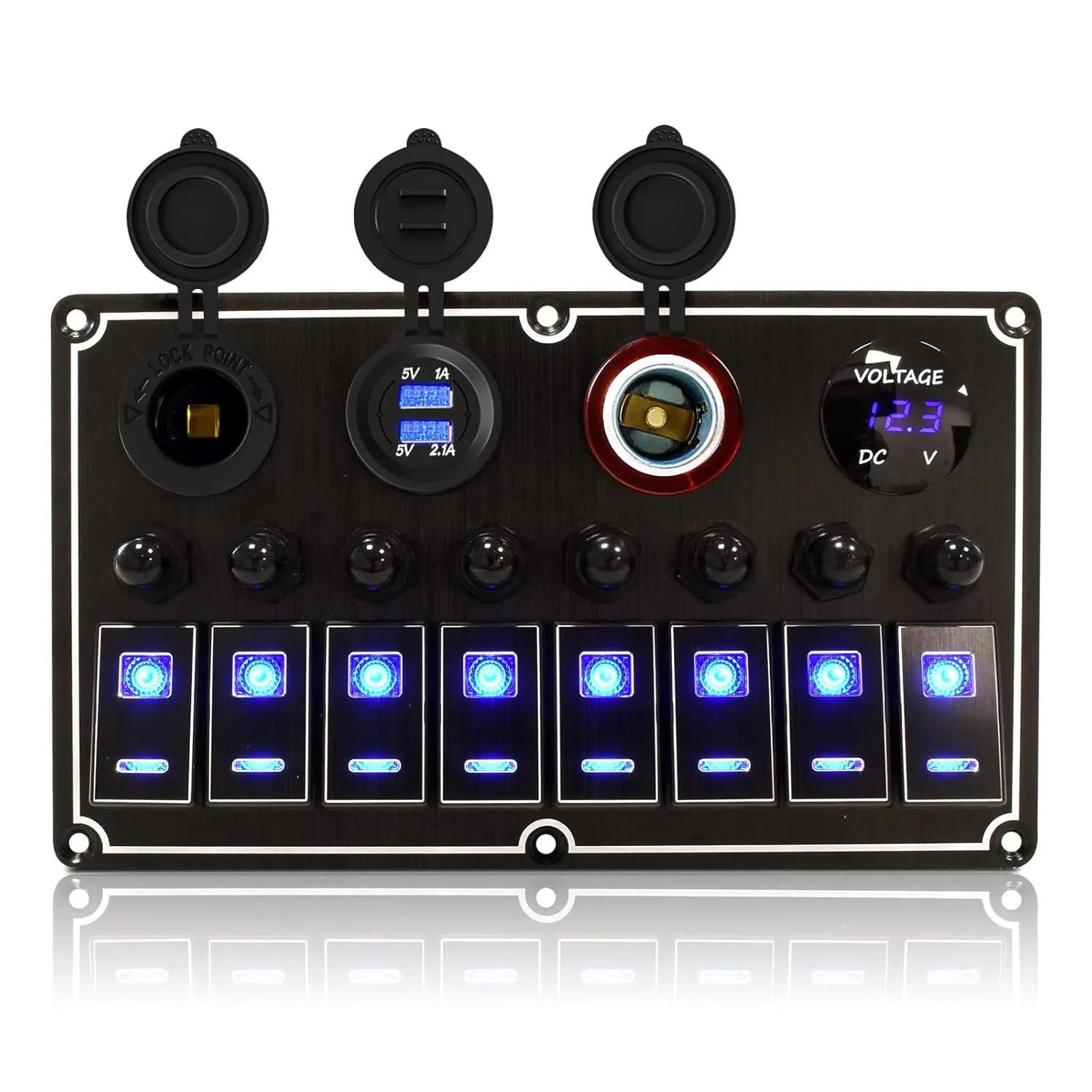 Rocker Switch Panel – 8 Gang Aluminum Toggle Panel, 12V/24V with Voltmeter 4.2A Dual USB Charger Port Power Outlet, 5 Pin On-Off for Automotive Truck Jeep RV UTV (Black)
