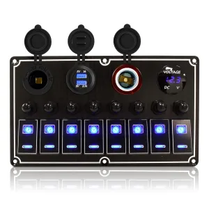Rocker Switch Panel – 8 Gang Aluminum Toggle Panel, 12V/24V with Voltmeter 4.2A Dual USB Charger Port Power Outlet, 5 Pin On-Off for Automotive Truck Jeep RV UTV (Black)