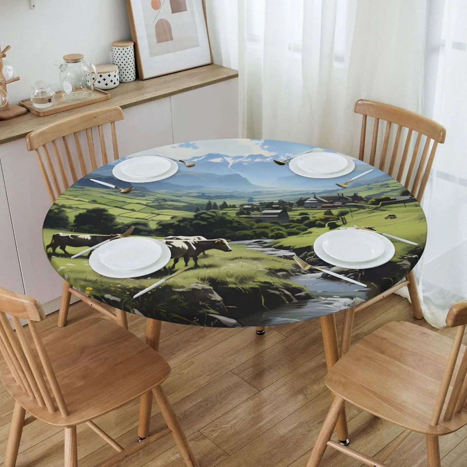 Round Tablecloth Medium Round Picnic Table Cloth Premium Decorative Round Table Cover Alpine Farm Cows