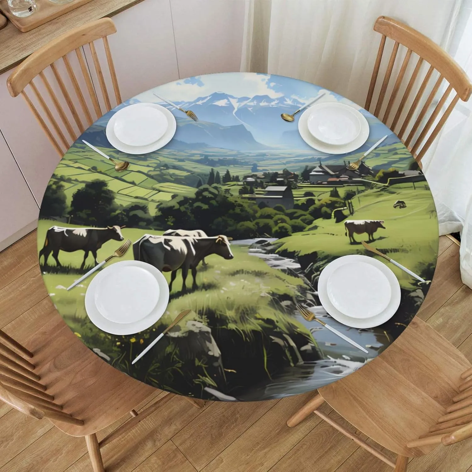 Round Tablecloth Medium Round Picnic Table Cloth Premium Decorative Round Table Cover Alpine Farm Cows