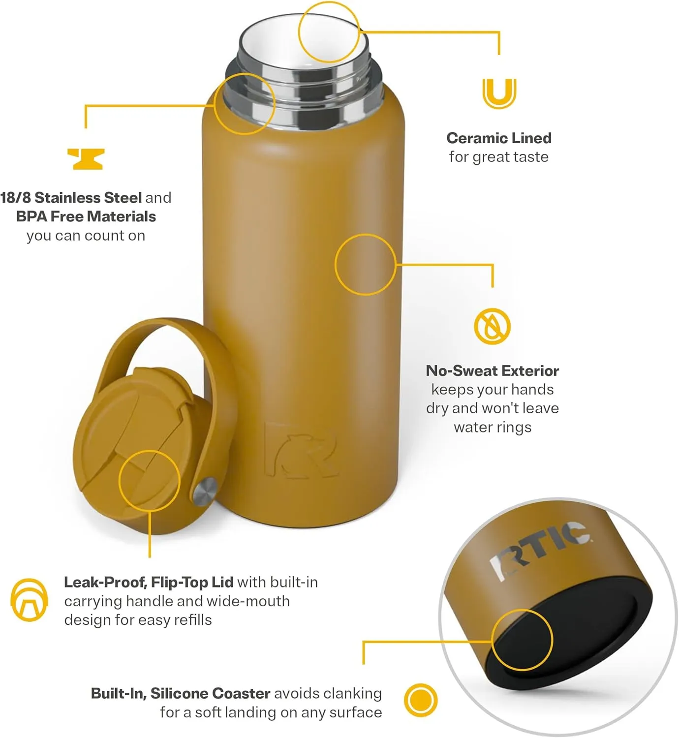 RTIC 32oz Outback Bottle, Insulated, Stainless Steel, Metal, Double Wall Vacuum-Insulation, Ceramic Lined, Leak-Proof Lid, BPA-Free Water Flask for Hiking, Running, Sports, Outdoor, Harvest