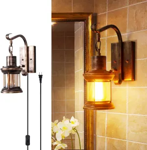 Rustic Wall Light, 2-in-1 Antique Bronze Vintage Wall Light Fixture Plug in Industrial Glass Shade Lantern Lighting Retro Lamp Metal Wall Sconce for Home Bedroom Dining Room café(1 Pack)