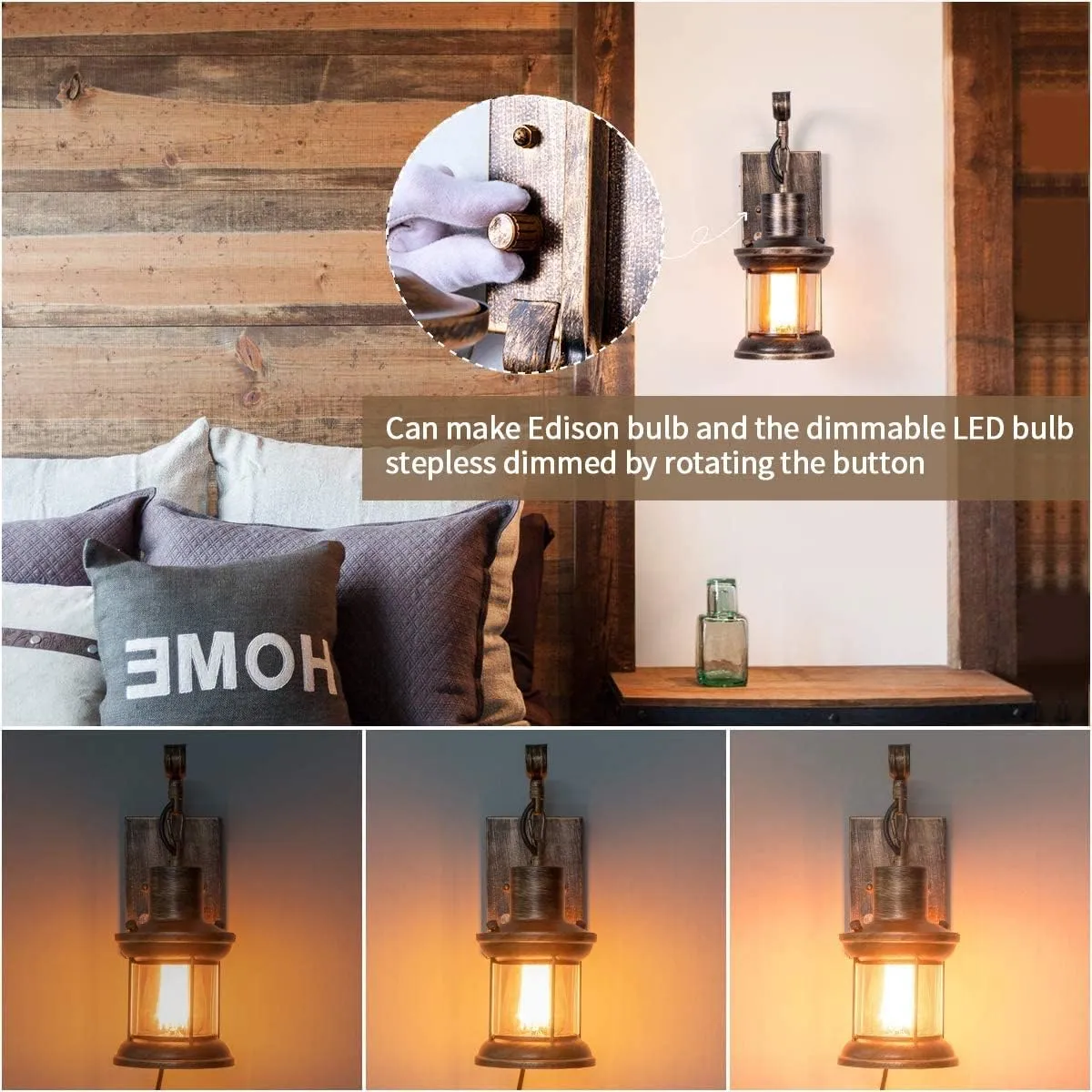 Rustic Wall Light, 2-in-1 Antique Bronze Vintage Wall Light Fixture Plug in Industrial Glass Shade Lantern Lighting Retro Lamp Metal Wall Sconce for Home Bedroom Dining Room café(1 Pack)