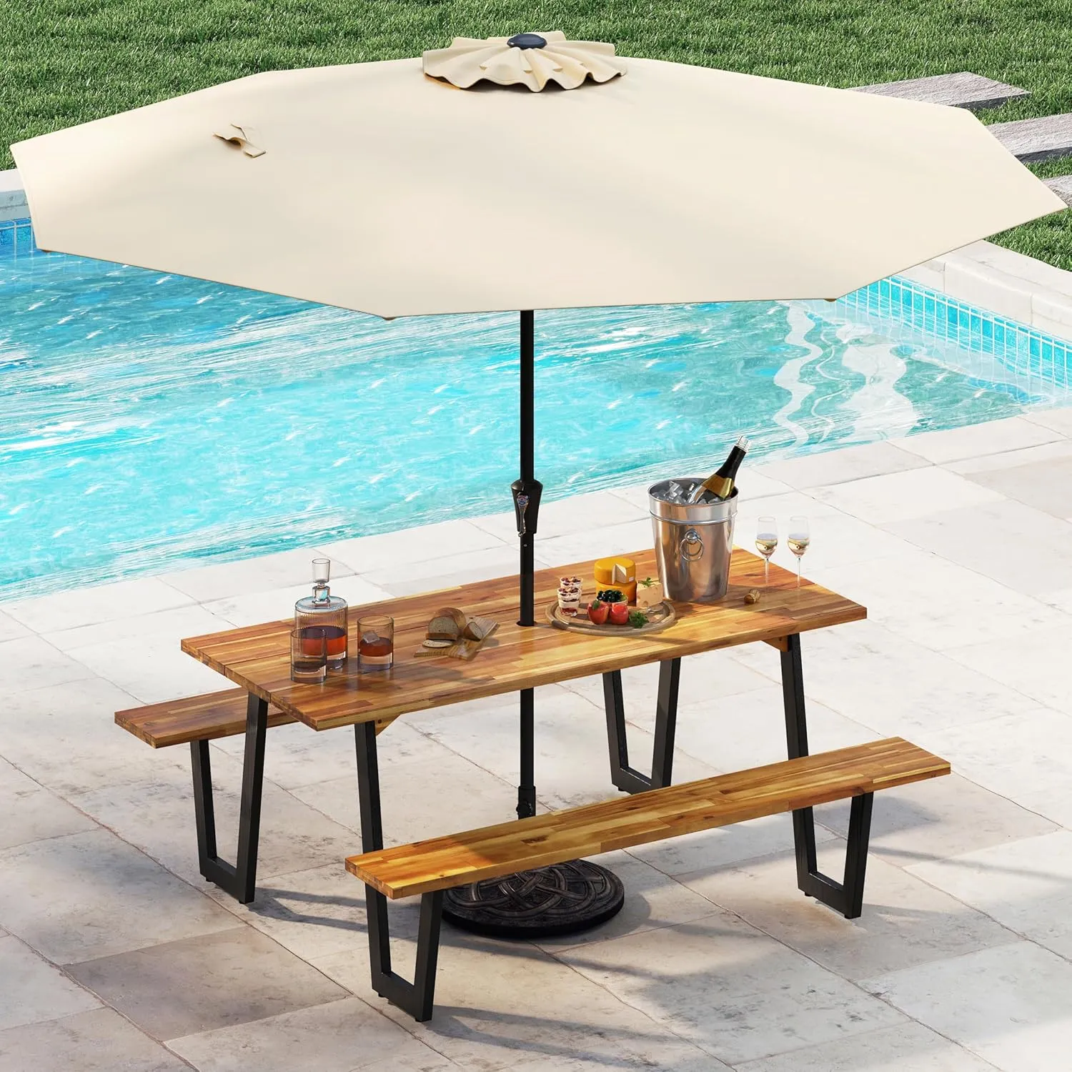S AFSTAR 70" Acacia Wood Outdoor Picnic Table Set with 10Ft Umbrella & Base, Heavy Duty Wooden Outside Dining Table Set with Bench, All-Weather Patio Dining Set for 6, Garden, Backyard