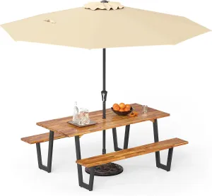 S AFSTAR 70" Acacia Wood Outdoor Picnic Table Set with 10Ft Umbrella & Base, Heavy Duty Wooden Outside Dining Table Set with Bench, All-Weather Patio Dining Set for 6, Garden, Backyard