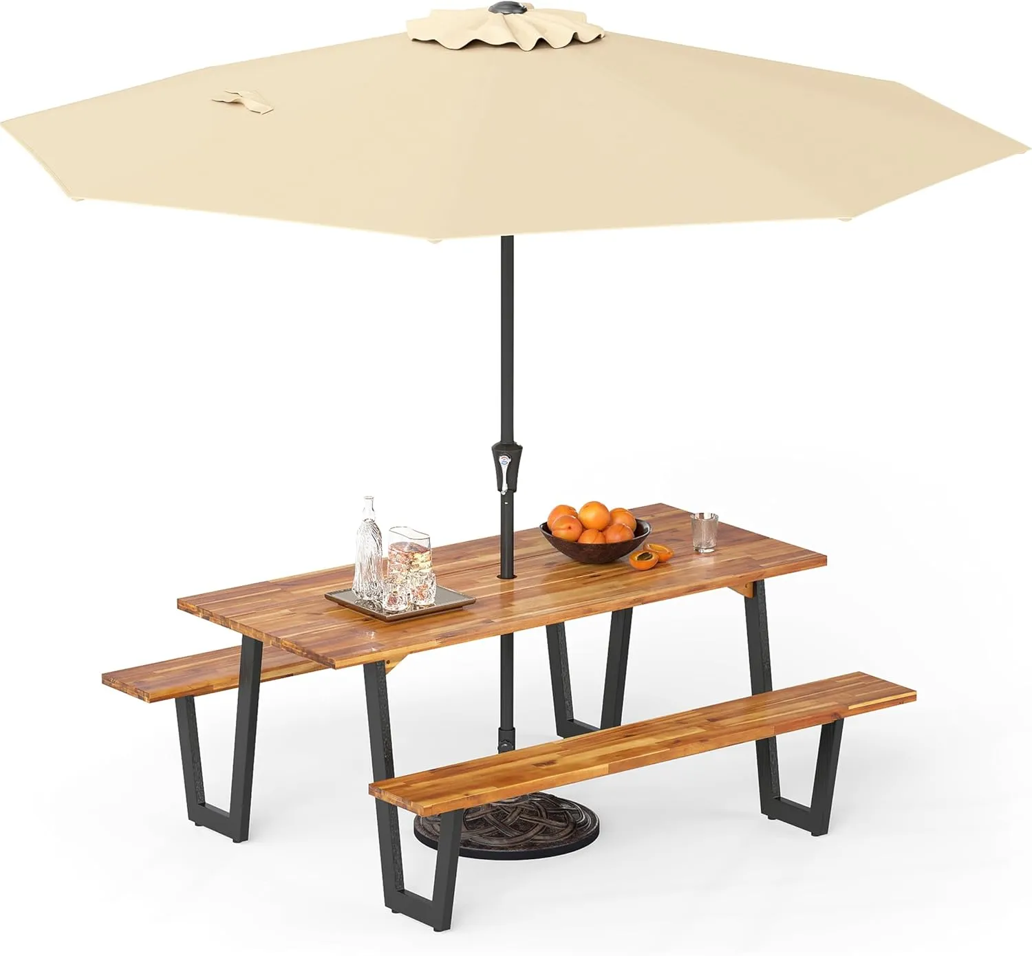 S AFSTAR 70" Acacia Wood Outdoor Picnic Table Set with 10Ft Umbrella & Base, Heavy Duty Wooden Outside Dining Table Set with Bench, All-Weather Patio Dining Set for 6, Garden, Backyard