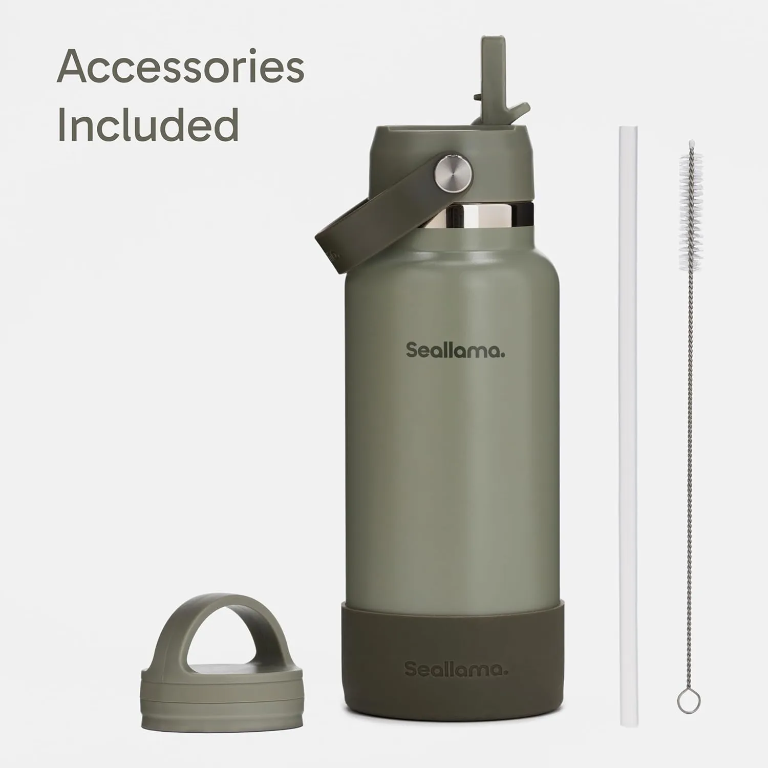 Seallama. Stainless Steel Wide Mouth Water Bottle - 2 Lids (Flex Straw Lid) and Double-Wall Vacuum Insulation - Leak Proof, BPA-Free, for Travel, Sports, School, and Car (Forest Green, 32 oz)