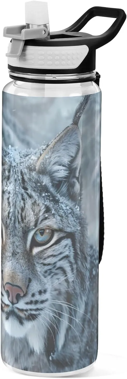 senya Frosty Bobcat Snowy Forest Sport Water Bottle with Straw Tritan Clear Bottle for Outdoor Gym Travel