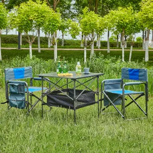 Set of 3, Folding Outdoor Camping Table and Chairs Set for Indoor, Outdoor Camping, Picnics, Beach,Backyard, BBQ, Party, Patio 27.56" L*27.56" W*27.56" H Black/Blue