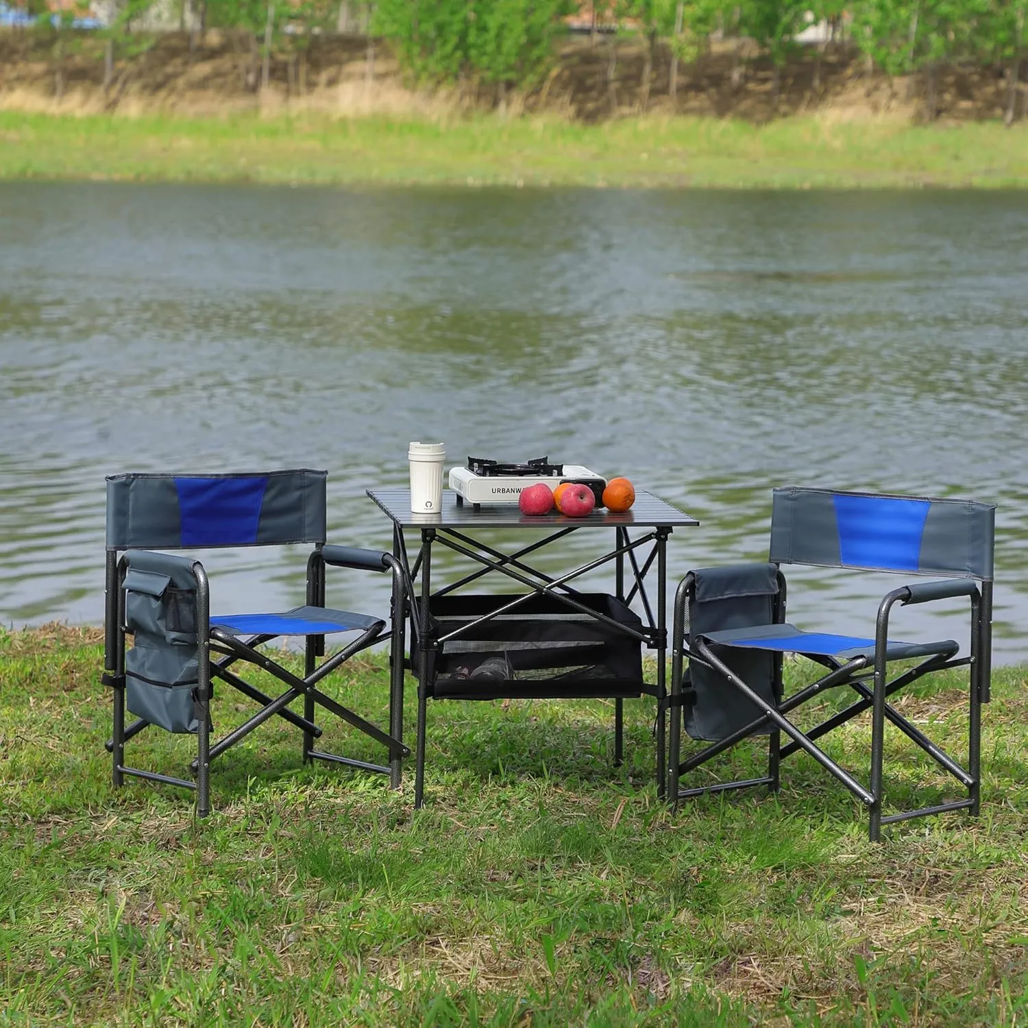 Set of 3, Folding Outdoor Camping Table and Chairs Set for Indoor, Outdoor Camping, Picnics, Beach,Backyard, BBQ, Party, Patio 27.56" L*27.56" W*27.56" H Black/Blue