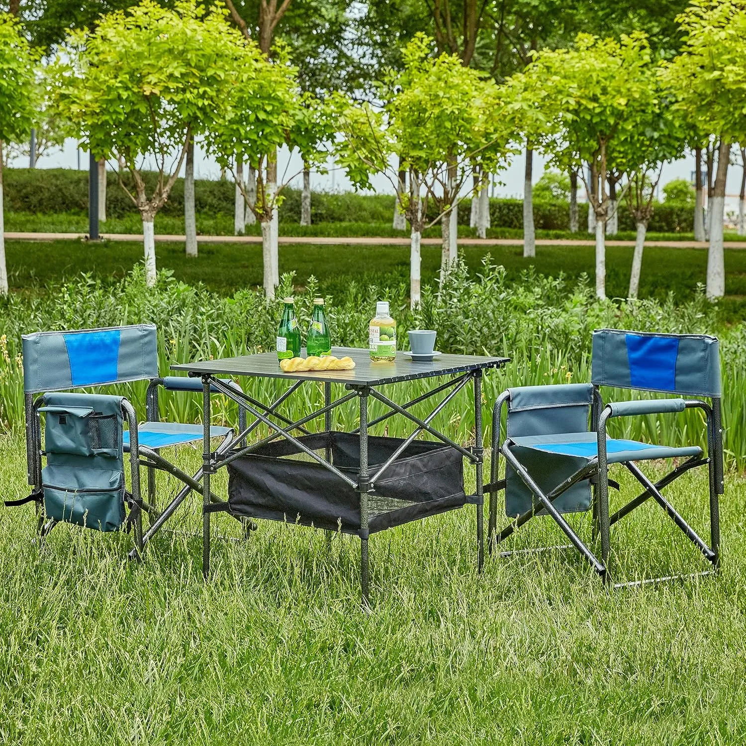 Set of 3, Folding Outdoor Camping Table and Chairs Set for Indoor, Outdoor Camping, Picnics, Beach,Backyard, BBQ, Party, Patio 27.56" L*27.56" W*27.56" H Black/Blue