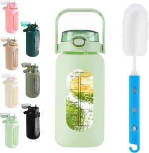 SIEROZUR 64oz Glass Water Bottle with Straw and Handle Lid Half Gallon Motivational Glass Bottle with Silicone Sleeve and Time Marker Large Reusable Sports Water Jug for Gym Home Workout