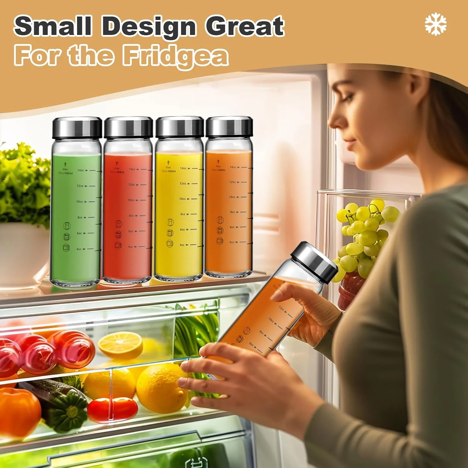 SIEROZUR Glass Juice Bottles 16oz- 4 Pack Wide Mouth Glass Bottles with Lids for Juicing Smoothies, Infused Water, Beverage Storage - BPA Free, Leakproof, Reusable, Borosilicate