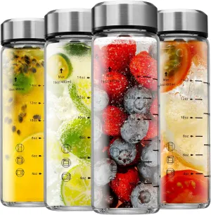 SIEROZUR Glass Juice Bottles 16oz- 4 Pack Wide Mouth Glass Bottles with Lids for Juicing Smoothies, Infused Water, Beverage Storage - BPA Free, Leakproof, Reusable, Borosilicate