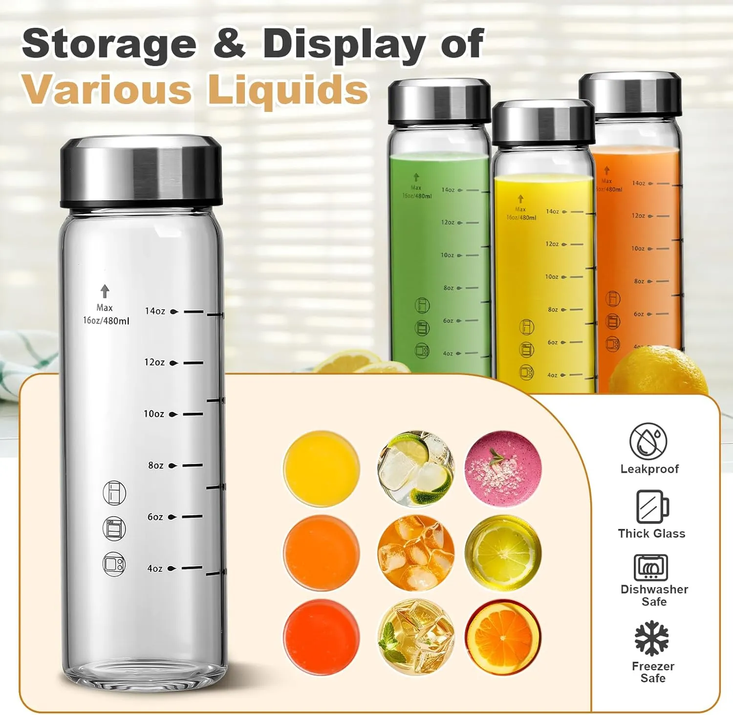 SIEROZUR Glass Juice Bottles 16oz- 4 Pack Wide Mouth Glass Bottles with Lids for Juicing Smoothies, Infused Water, Beverage Storage - BPA Free, Leakproof, Reusable, Borosilicate