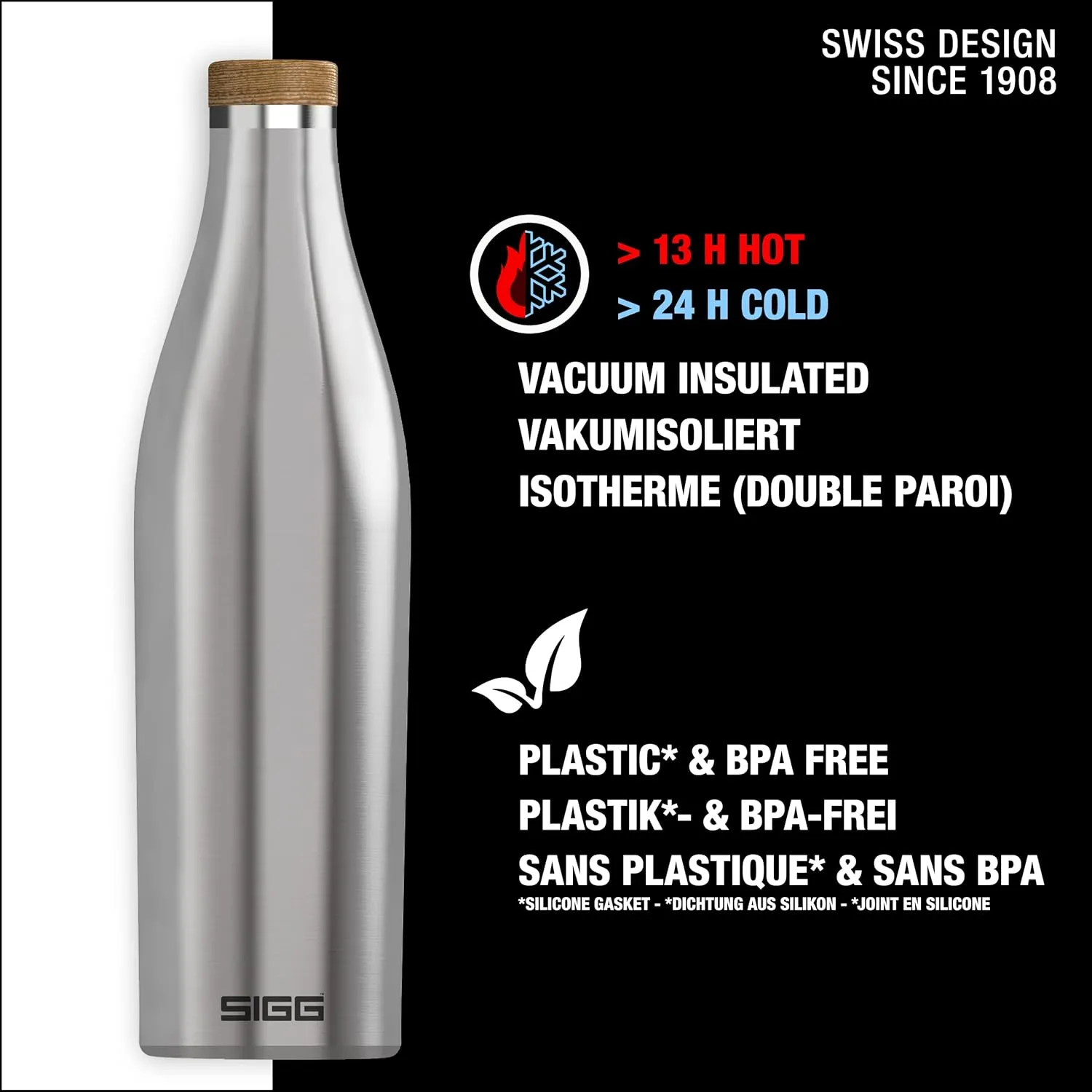 SIGG - Insulated Water Bottle - Meridian Brushed - Leakproof & Extra-Slim - BPA Free - Plastic Free - 18/8 Stainless Steel - Double Walled - Bamboo Screw Top - Brushed - 17 Oz