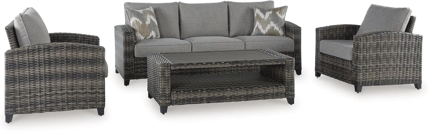 Signature Design by Ashley Oasis Court Casual Weather Resistant Cushioned Outdoor Sofa/Chairs/Table Set with 2 Throw Pillows, Set of 4, Gray
