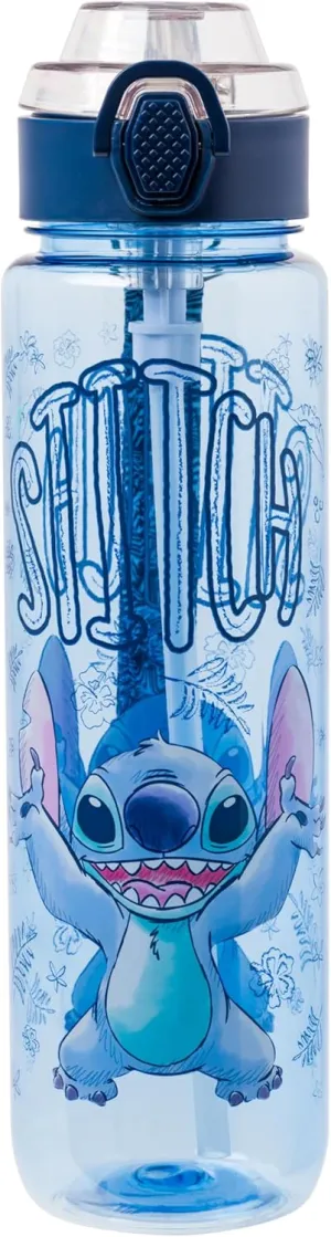 Silver Buffalo Disney Lilo and Stitch Plastic Water Bottle with Locking Lid, Strap, and Straw, 33 Ounces