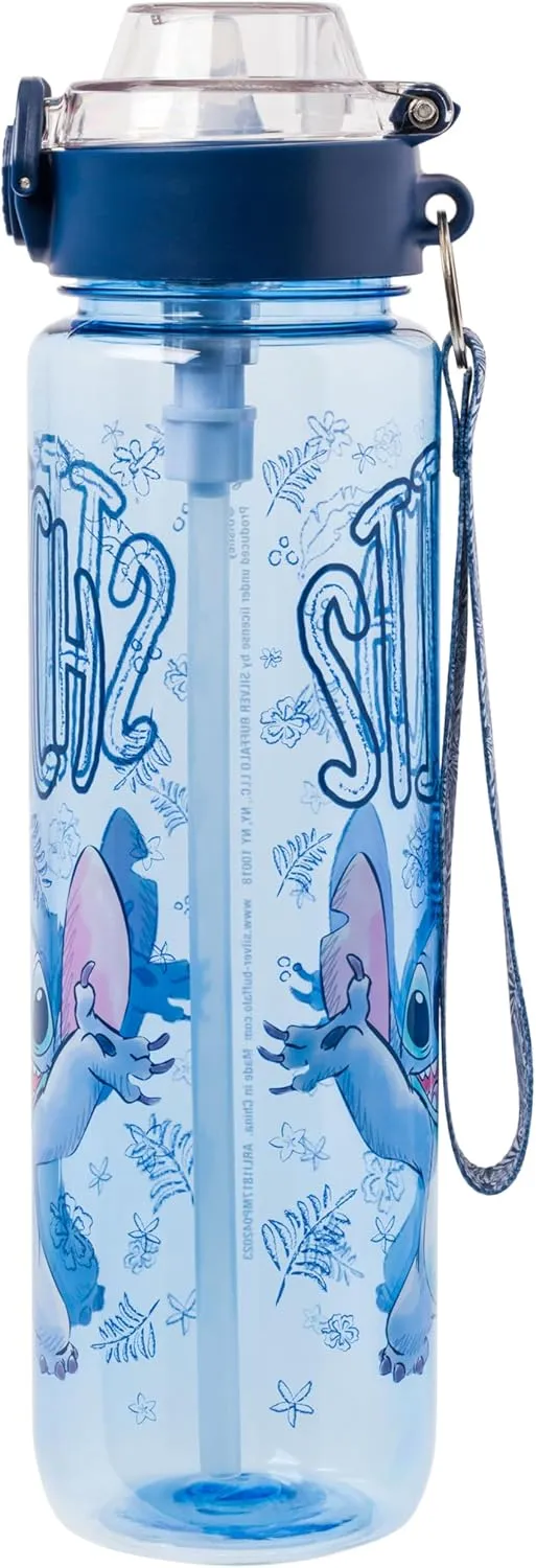 Silver Buffalo Disney Lilo and Stitch Plastic Water Bottle with Locking Lid, Strap, and Straw, 33 Ounces