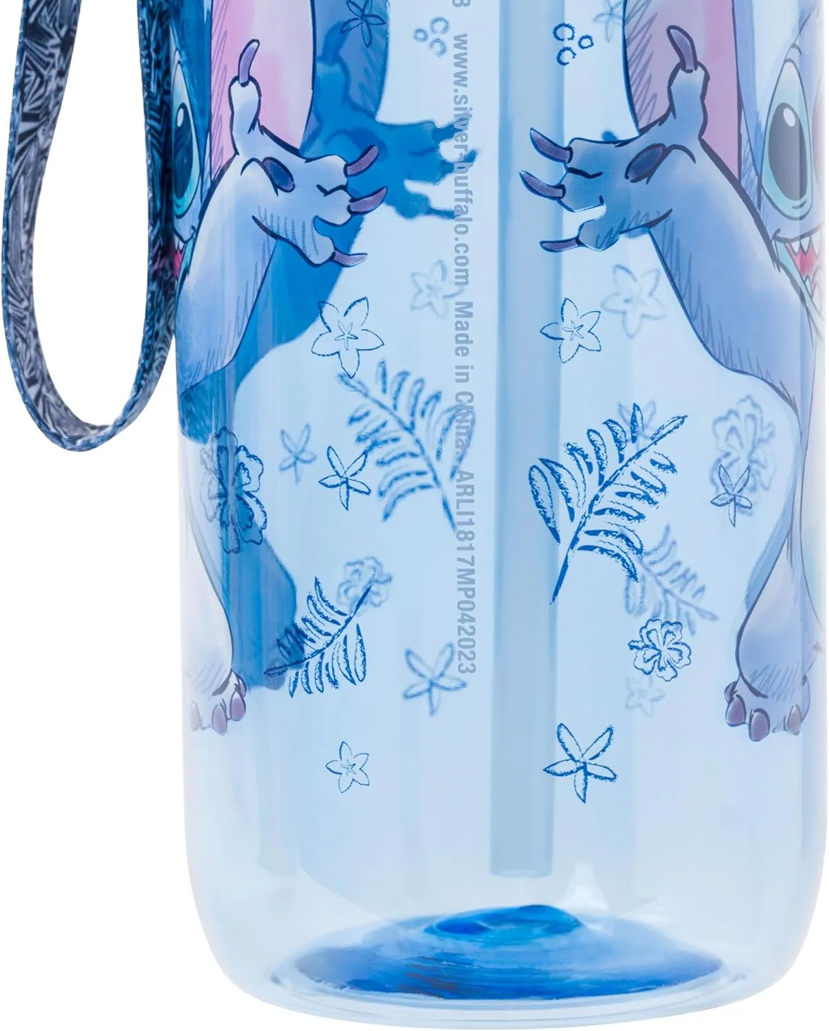 Silver Buffalo Disney Lilo and Stitch Plastic Water Bottle with Locking Lid, Strap, and Straw, 33 Ounces