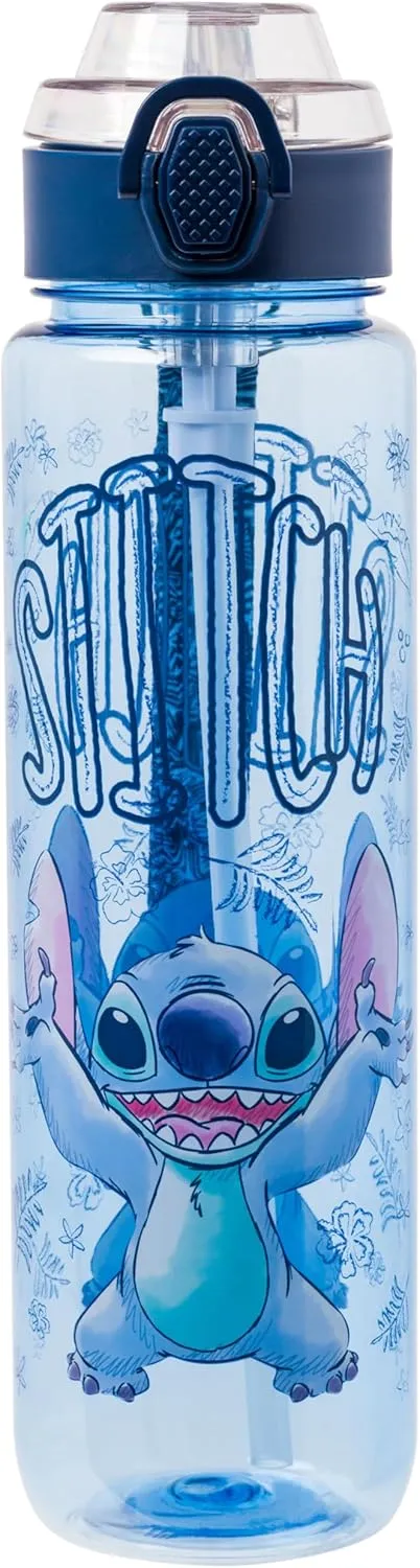 Silver Buffalo Disney Lilo and Stitch Plastic Water Bottle with Locking Lid, Strap, and Straw, 33 Ounces