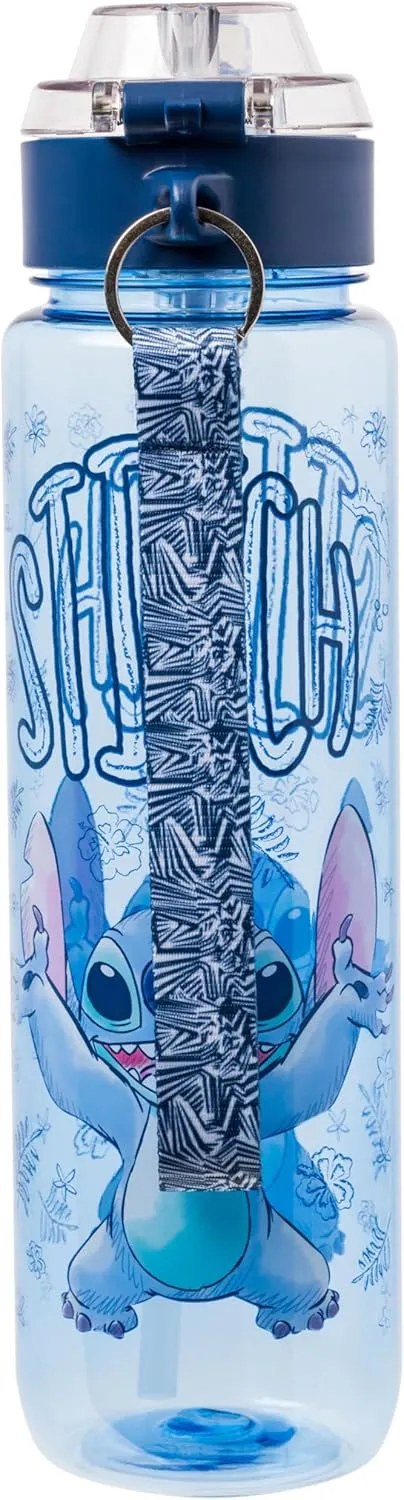Silver Buffalo Disney Lilo and Stitch Plastic Water Bottle with Locking Lid, Strap, and Straw, 33 Ounces
