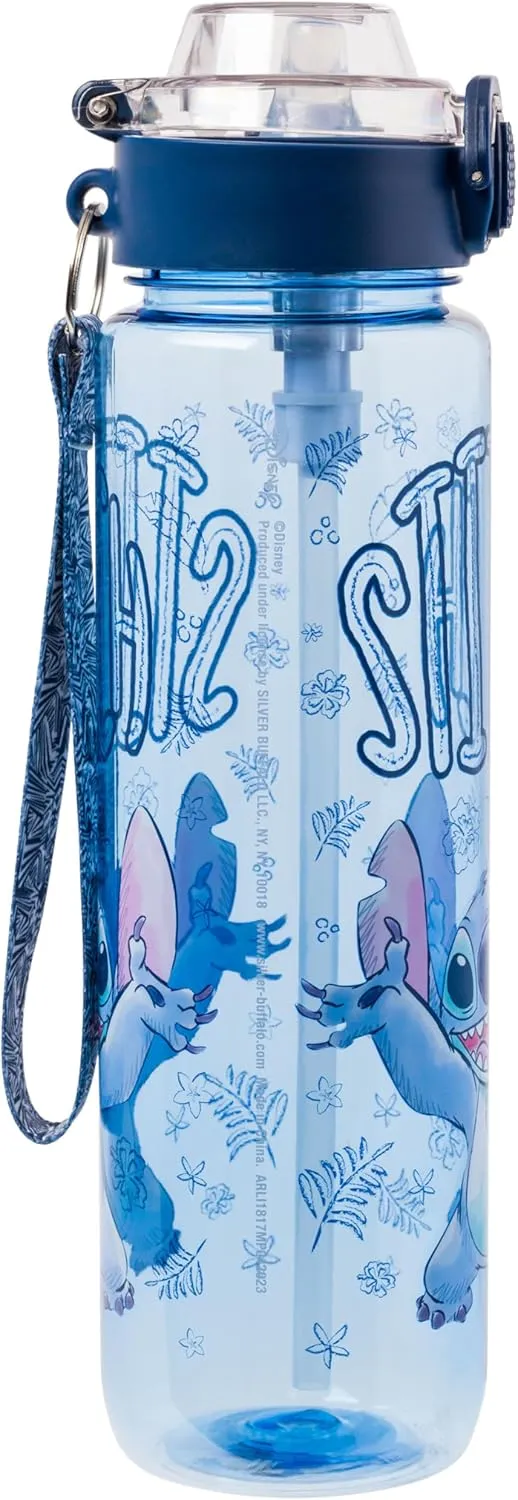 Silver Buffalo Disney Lilo and Stitch Plastic Water Bottle with Locking Lid, Strap, and Straw, 33 Ounces