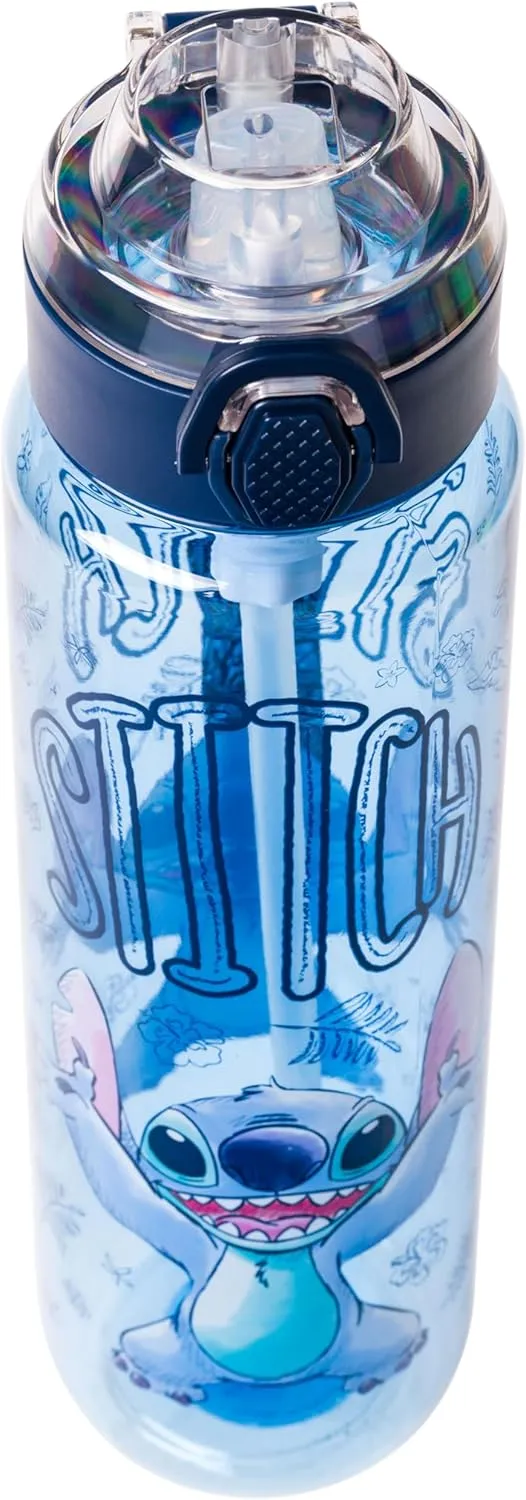 Silver Buffalo Disney Lilo and Stitch Plastic Water Bottle with Locking Lid, Strap, and Straw, 33 Ounces