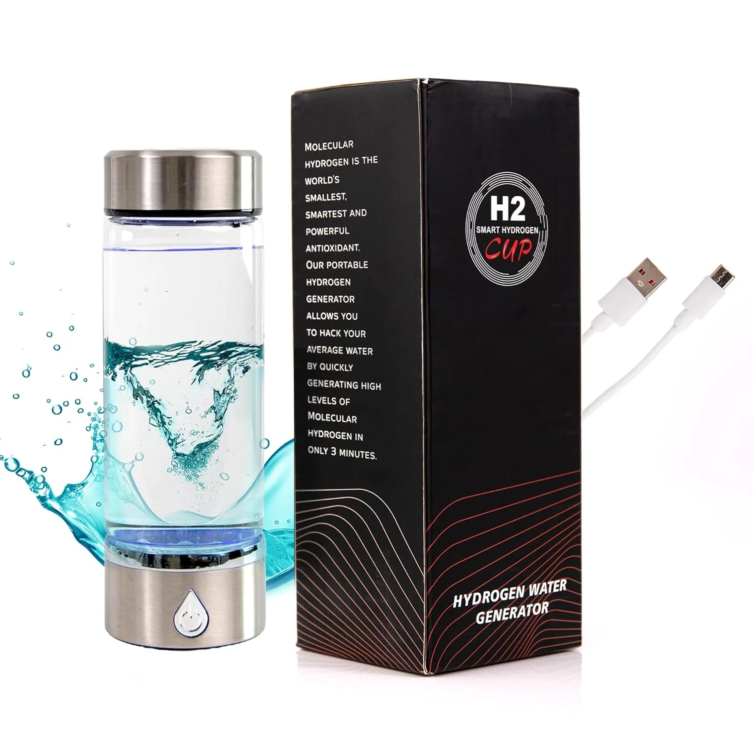 Silver Hydrogen Water Bottle: A Portable Hydrogen Water Bottle Enhancing Alkaline Water Quality in 3 Minutes. Ideal Water Ionizer, for Office, Travel, Gym, and Daily Hydration.