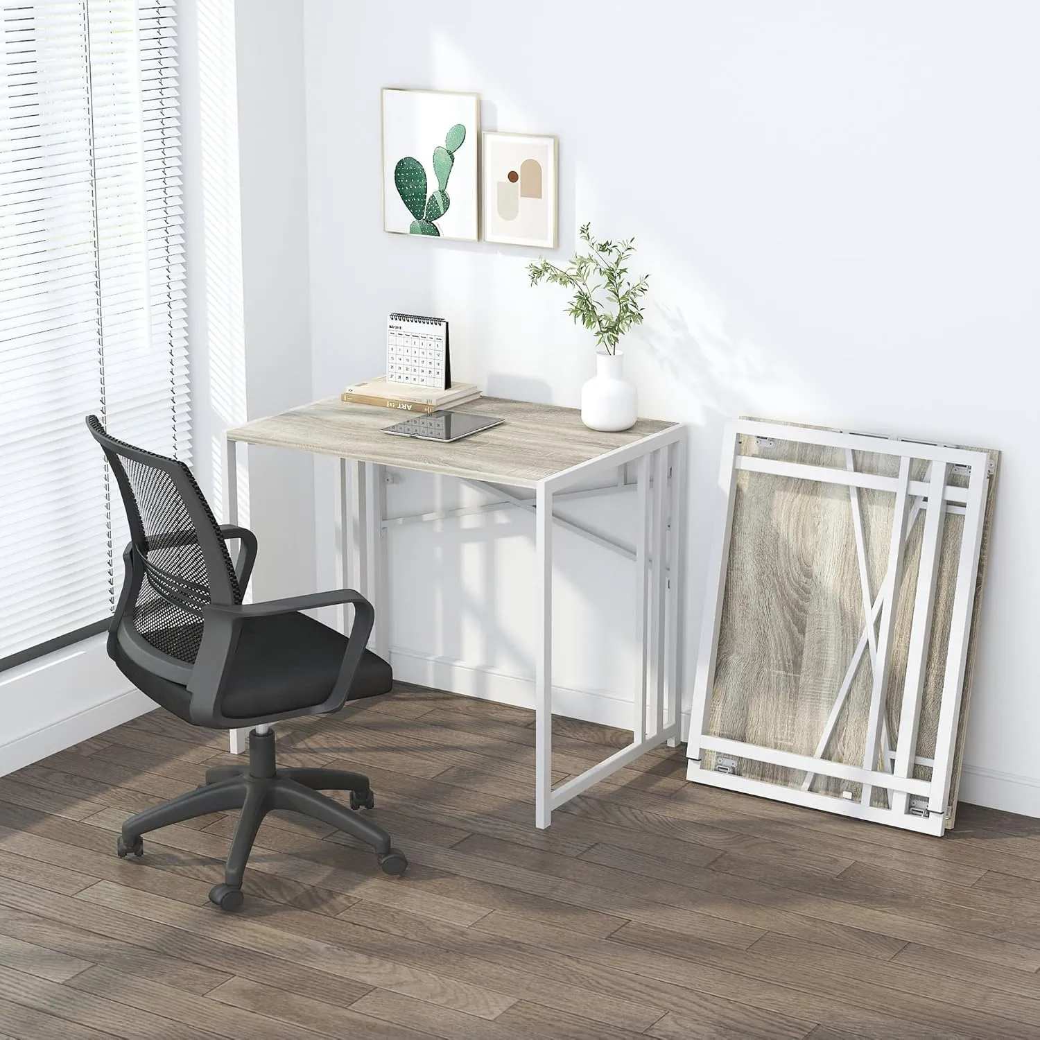 Small Folding Desk 32 inch, No Assembly Required Small Office Desk, Writing Gaming Computer Camping Desk, Beige