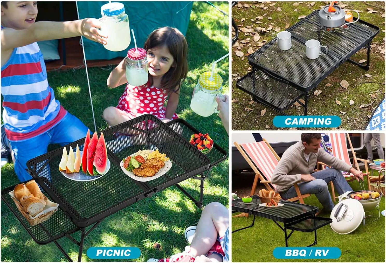 Small Low Camping Table with 2 Wing Panels, Folding Low Picnic & Outdoor Table with 2 Shelves, Lightweight & Easy Carry for Beach, Fishing, Sturdy Steel Mesh Top (3 FT, Black)