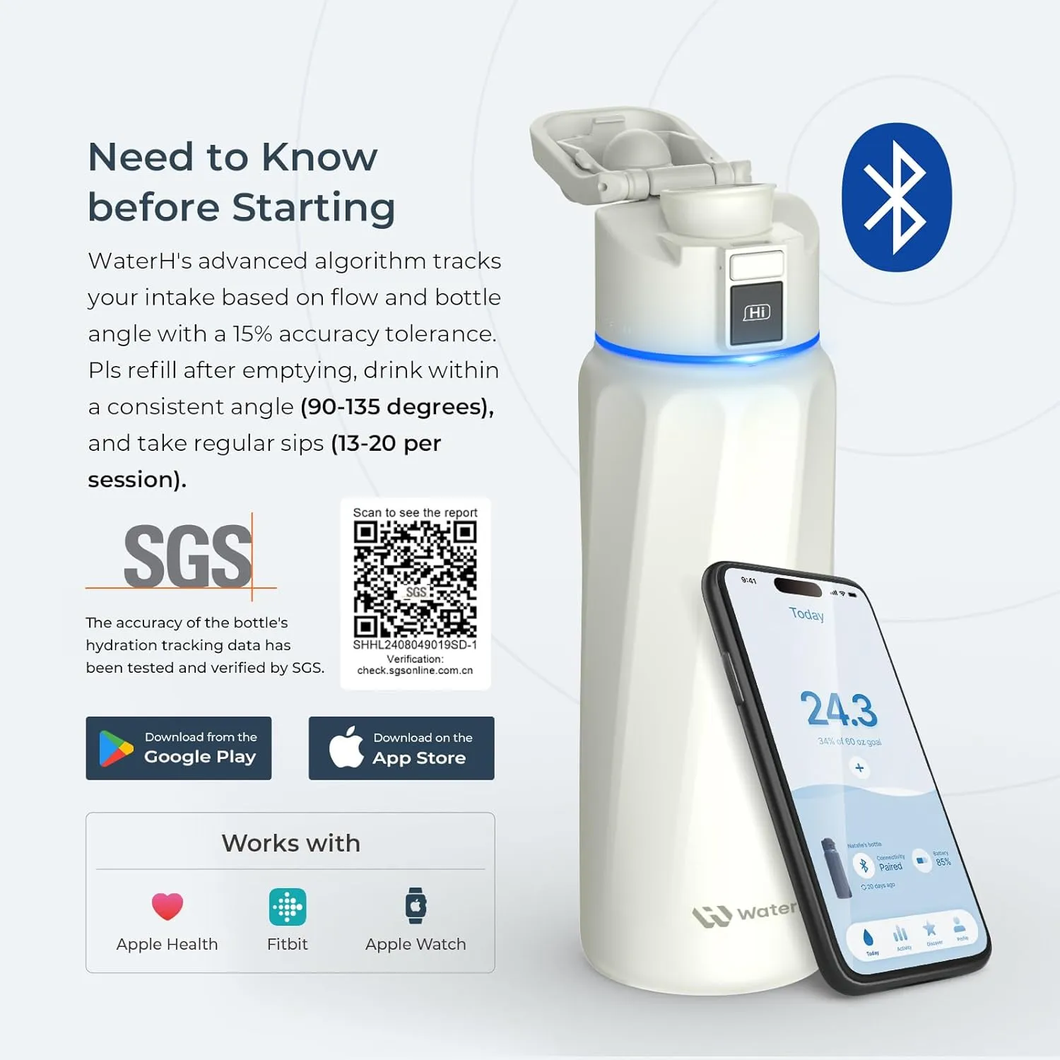 Smart Water Bottle with Reminder to Drink Water - Double Wall Vacuum Insulated Water Bottle Stainless Steel, Wide Mouth 32 oz Water Bottles with Leak-proof Lockable Lid, Water Intake Tracker - White
