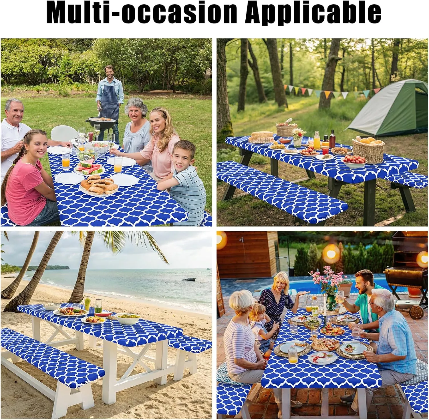 Smiry Picnic Table Cover with Bench Covers, Waterproof Elastic Fitted Tablecloth for 6 Foot Tables, Washable Polyester Tablecloths for Camping, Indoor & Outdoor (Blue Morocco, 30x72 Inch 3-pc Set)